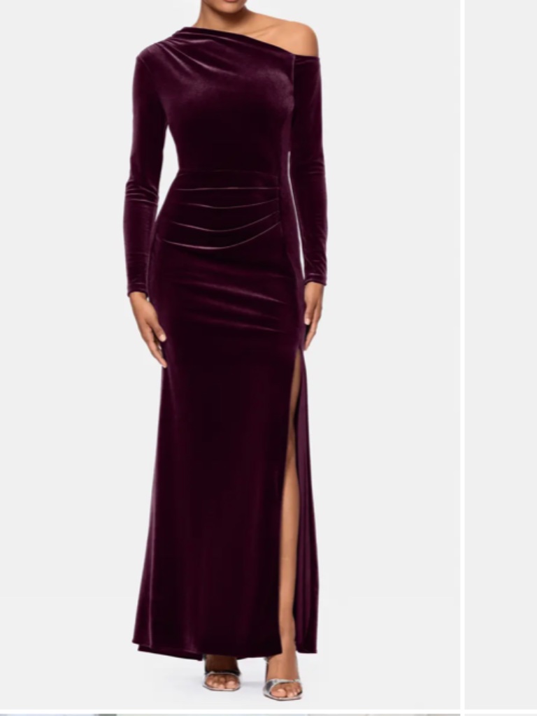 Betsy & Adam One Shoulder Long Sleeve Velvet Gown Size: 8